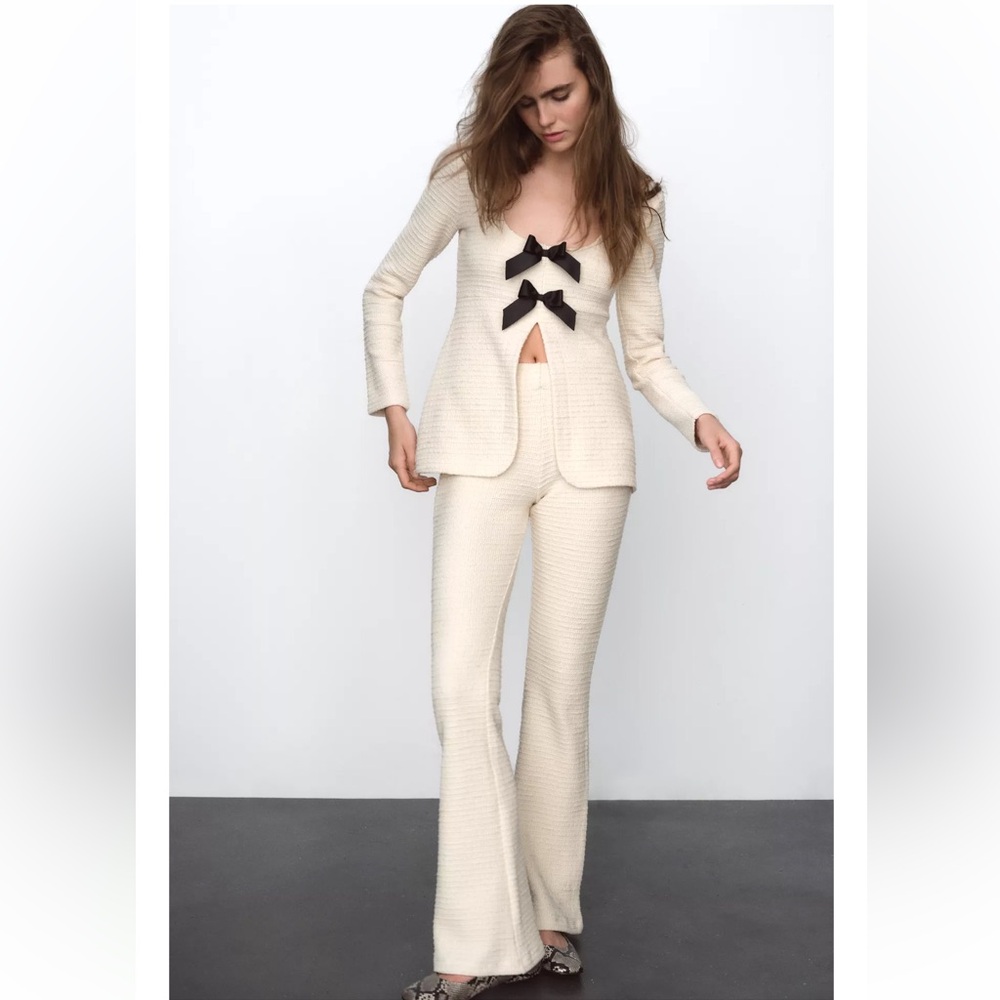 ZARA Textured Bow Knit Top Ecru With Textured Flared Pants Set